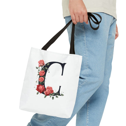 Custom Letter Personalized Tote | Rose Flowered Grocery Travel Bag | Floral Print Roses Office Laptop & Books or Exercise Overnight Carrier