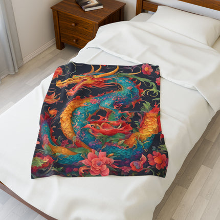 FLOWERED JAPANESE DRAGON BLANKET - Floral Asian Art Plush Throw