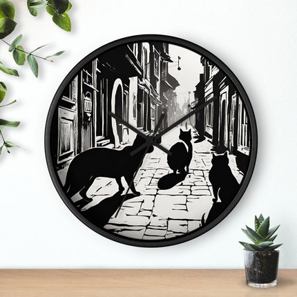 CAT TOWN ALLEYWAY Wall Clock - Vintage Cobblestone Street Cat Decor