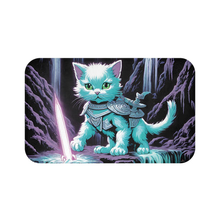 Cat Warrior Bath Mat, Kitten Bathroom Rug, Mystical Cave Waterfall Rug, Mystical Neon Sword Bath Print