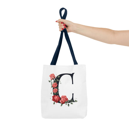 Custom Letter Personalized Tote | Rose Flowered Grocery Travel Bag | Floral Print Roses Office Laptop & Books or Exercise Overnight Carrier