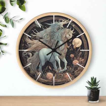 Majestic Myths Art Clock | Floral Flower Night Field Horned Horse Wall Hanging | Mystical Moon Fantasy Home Office Decor Gift