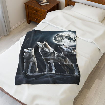 Moon Wolves Blanket | Night Sky Mountain Wolf Pack Bed Throw | Starry Dark Full Lunar Gift | Wooded Wild Dogs Bedroom Light Warm Comforter