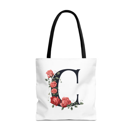 Custom Letter Personalized Tote | Rose Flowered Grocery Travel Bag | Floral Print Roses Office Laptop & Books or Exercise Overnight Carrier