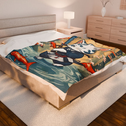 SAMURAI WARRIOR CAT Blanket - Floating Koi Sword Kitten Ninja Feline Couch Throw