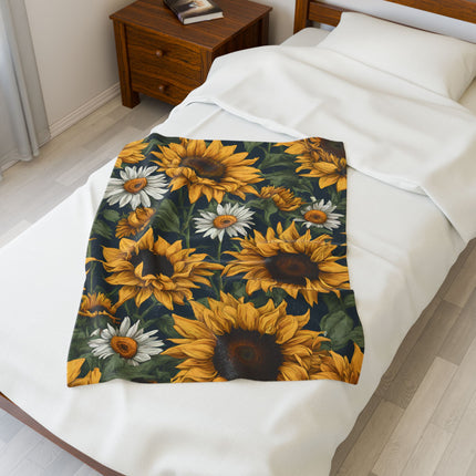 Sunflowers & Daisies Blanket, Spring or Summer Couch Plush Throw, Yellow and White Flower Bed Cover, Country Home Warm Bedroom Cozy Sheet