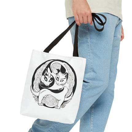 Cat Lovers Tote | Cats Yin Yang Style Grocery Bag | MEOW Chinese Print 2 Sided Office Carry All | School Supplies Kitten Carrier Tote