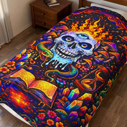 PSYCHEDELIC MIND'S EYE FLAMING BLUE SKULL Trippy Mushroom Blanket
