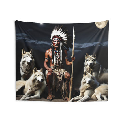 Indian Chief Wall Decor | Night Sky Tribe Wolf Pack Mountain Tapestry | Tribal Wolves Gift | Resting Native American Game Room Wall Hanging