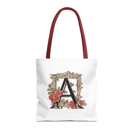 Custom Letter Personalized Tote | Rose Flowered Grocery Travel Bag | Floral Print Roses Office Laptop & Books or Exercise Overnight Carrier
