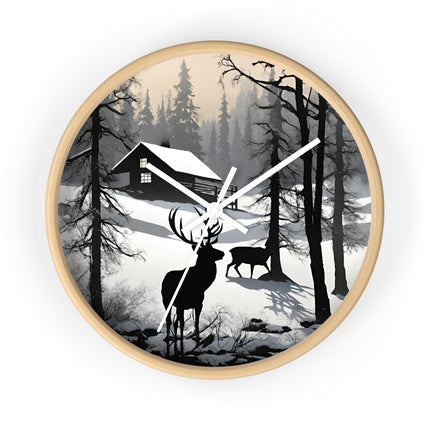 HUNTING CABIN Wall Clock - Winter Deer Scene Rustic Lodge Decor