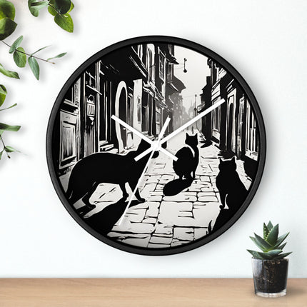 CAT TOWN ALLEYWAY Wall Clock - Vintage Cobblestone Street Cat Decor
