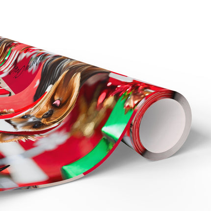 Dog Christmas Wrapping Paper Yorkshire Terrier, Santa Hat Yorkie Gift Wrap, Holiday Gift Wrap Roll