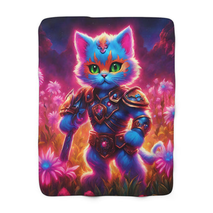 Neon Glowing Warrior Cat Blanket, Lush Flower Field Feline, Armored Kitten with Sword Plush Fleece Couch Sherpa, Kids Night Time Bed Cover