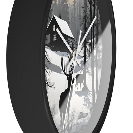 HUNTING CABIN Wall Clock - Winter Deer Scene Rustic Lodge Decor