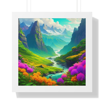 Fantasy Art Flower Mountain Valley, Landscape Framed Poster, Video Game Open World Scene Picture, River Spring Wall Hanging, Office Scenery