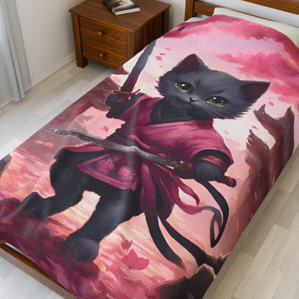Samurai Warrior Cat Blanket, Sword Blade Kitten Warm Couch Throw Blanket, Pink Japanese Maple Tree Bed Cover, Bedroom Plush Sheet