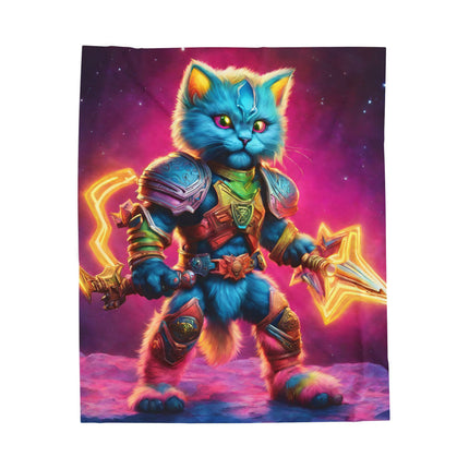 Rainbow Neon Warrior Cat Blanket, Glowing Feline Couch Throw, Armored Fighter Kitten Bed Cover, Awesome Kid or Adult Gift Bedroom Cover