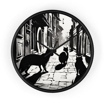 CAT TOWN ALLEYWAY Wall Clock - Vintage Cobblestone Street Cat Decor