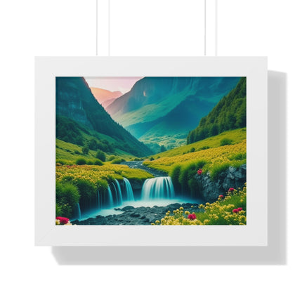 Beautiful Mountain Valley Framed Poster, Waterfall Nature Scene Picture, Flower Blossom Spring Wall Hanging, Flowing River Office Scenery