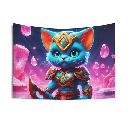 Warrior Cat Crystal Art Tapestry, Blue Armored Kitten Water Cavern Wall Hanging, Pink Glowing Stone Cave Mystical Bed & Game Room Gift
