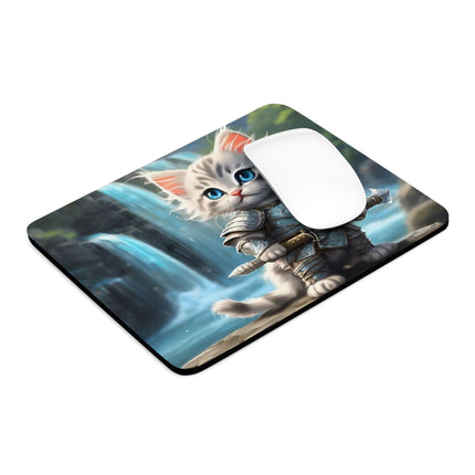 Warrior Cat Mouse Pad, Waterfall Kitten, Armored Fighter Kitty, Sword Battling Feline