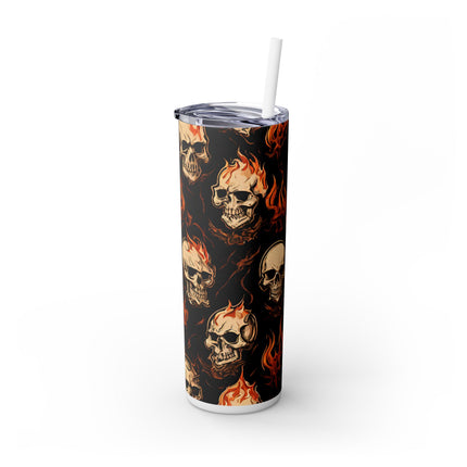 FIRE FLAMES AND SKULLS Skinny Tumbler - Skeleton Biker Motorcycle Insulated Cup