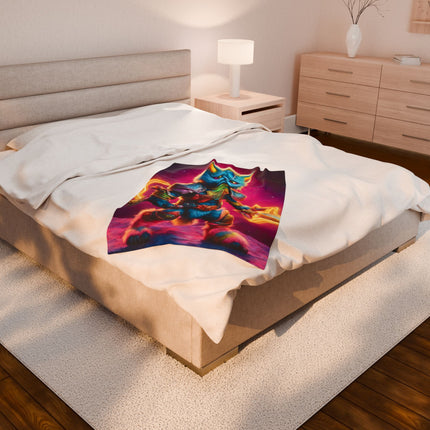 Rainbow Neon Warrior Cat Blanket, Glowing Feline Couch Throw, Armored Fighter Kitten Bed Cover, Awesome Kid or Adult Gift Bedroom Cover