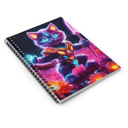 Neon Glowing Warrior Cat Spiral Notebook, Girls Lush Flower School Notepad, Armored Kitten with Spear, Cosmic Space Spiral Journal
