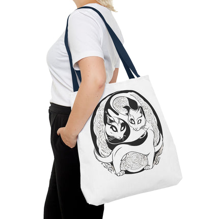 Cat Lovers Tote | Cats Yin Yang Style Grocery Bag | MEOW Chinese Print 2 Sided Office Carry All | School Supplies Kitten Carrier Tote