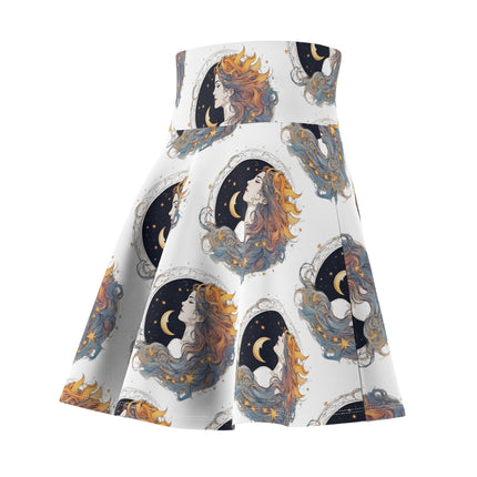 Moon Goddess Skater Skirt | Lunar Stars, Space Astronomy Spring & Summer Wear | Astrology Woman Night Sky Flowing Hair Galaxy Gift