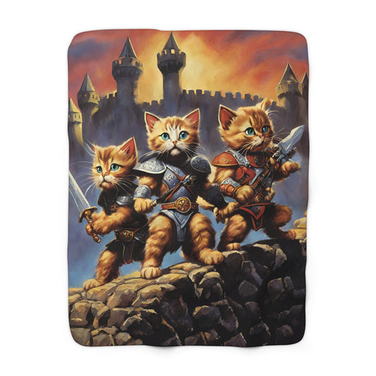 Warrior Cat Blanket, Castle Kitten Plush Sherpa Blanket, Battle Sword Fleece, Armored Kitty Bed Cover, Fantasy Couch Cover
