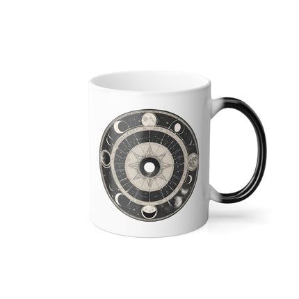 Moon Wheel Color Changing Mug, Year Cycle Moon Phases Coffee Cup, Astrology, Eclipse, Star, Galaxy Black to White Revealing Mug