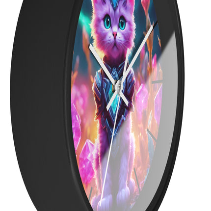 COSMIC CRYSTAL CAT GUARDIAN Wall Clock - Neon Fantasy Cave Decor