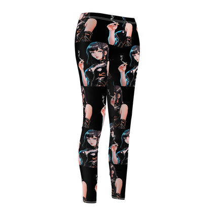 Cigarette Smoking Anime Girl Leggings, Black Tight Leather Outfit Sexy Cute Elastic Pants, Japan Cartoon Secret Agent Style Womens Bottoms