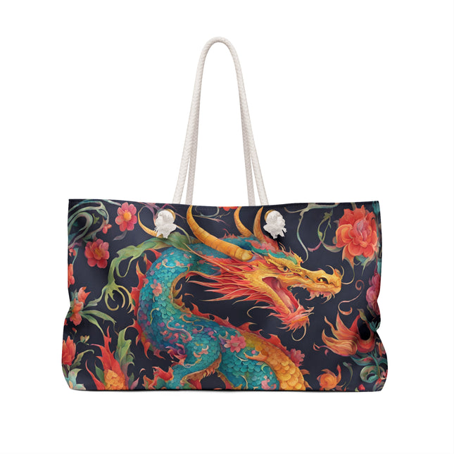 Custom Weekender | Japanese Dragon Travel Bag | Flowered Floral Serpent Japan Style Cruise Airplane & Hotel Road Trip Overnight Carrier