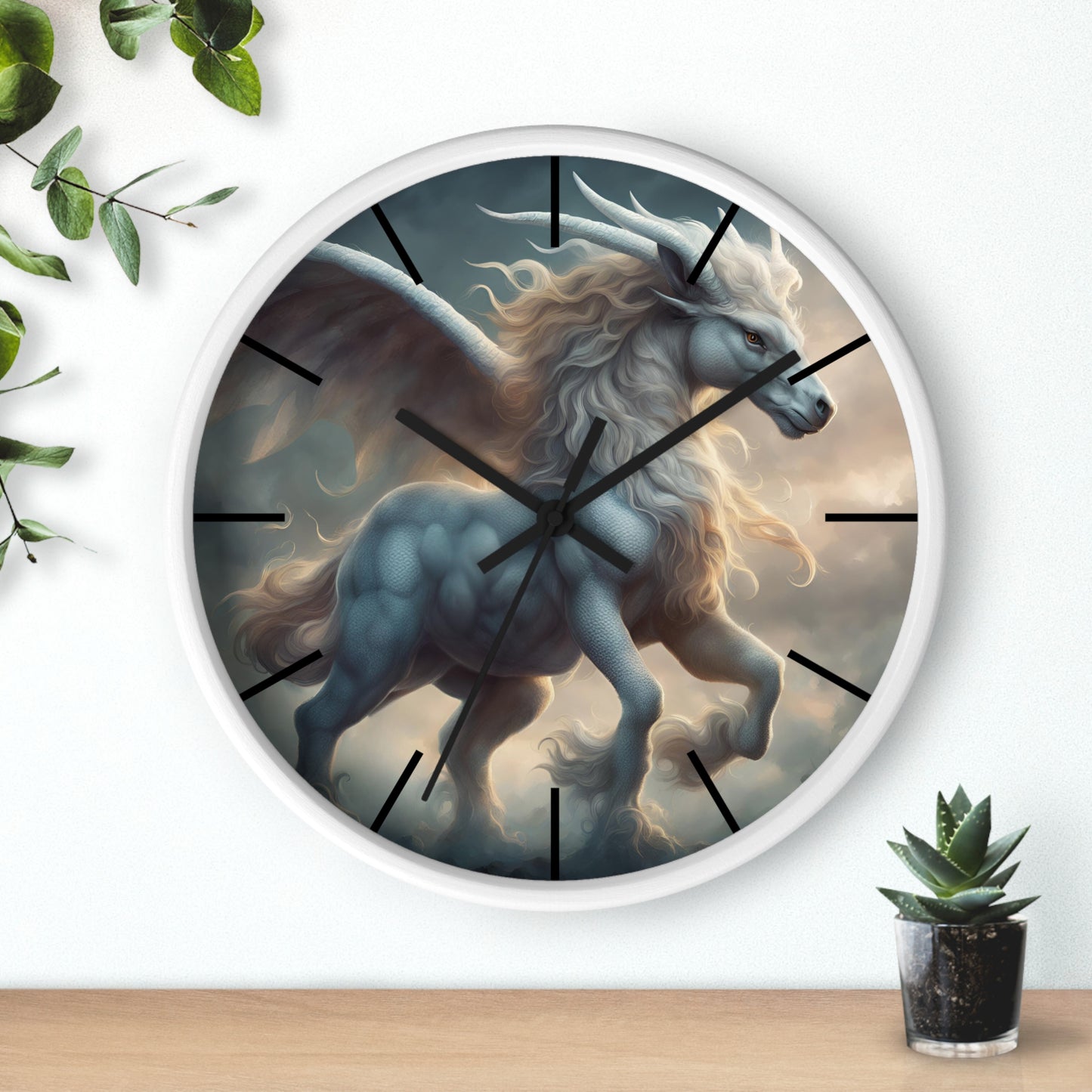 Majestic Myths Art Clock | Pegasus Horned Winged Horse Wall Hanging | Mystical Cloud Sky Fantasy Home Office Decor Gift