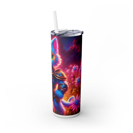 COSMIC BLUE WARRIOR CAT Skinny Tumbler - Neon Flower Field Armored Kitten Cup