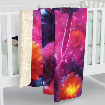 Neon Glowing Warrior Cat Blanket, Lush Flower Field Feline, Armored Kitten with Sword Plush Fleece Couch Sherpa, Kids Night Time Bed Cover