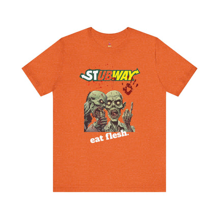 STUBWAY EAT FLESH Zombie Eating T-Shirt - Funny Subway Parody Horror Tee