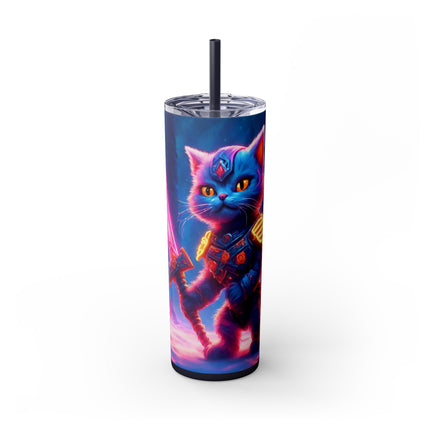 COSMIC NEON WARRIOR CAT Skinny Tumbler - Pink Glowing Sword Snow Kitten Cup