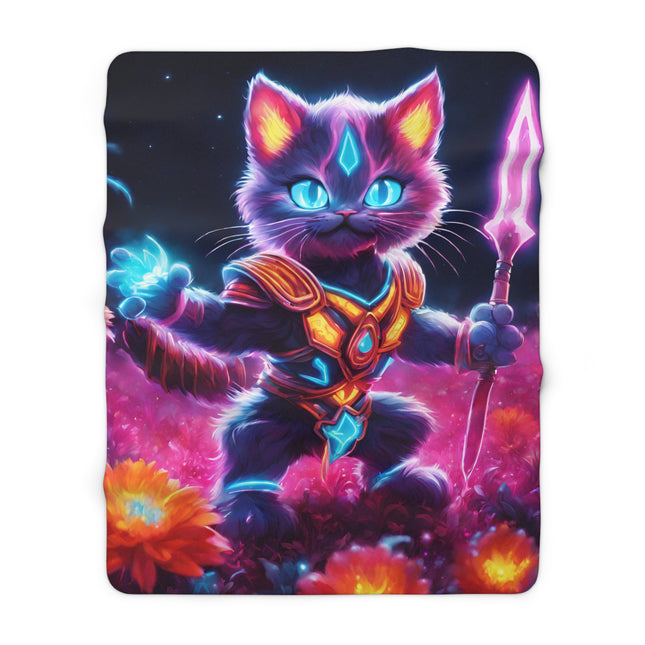 Neon Glowing Warrior Cat Blanket, Lush Flower Field Feline, Armored Kitten with Sword Plush Fleece Couch Sherpa, Kids Night Time Bed Cover