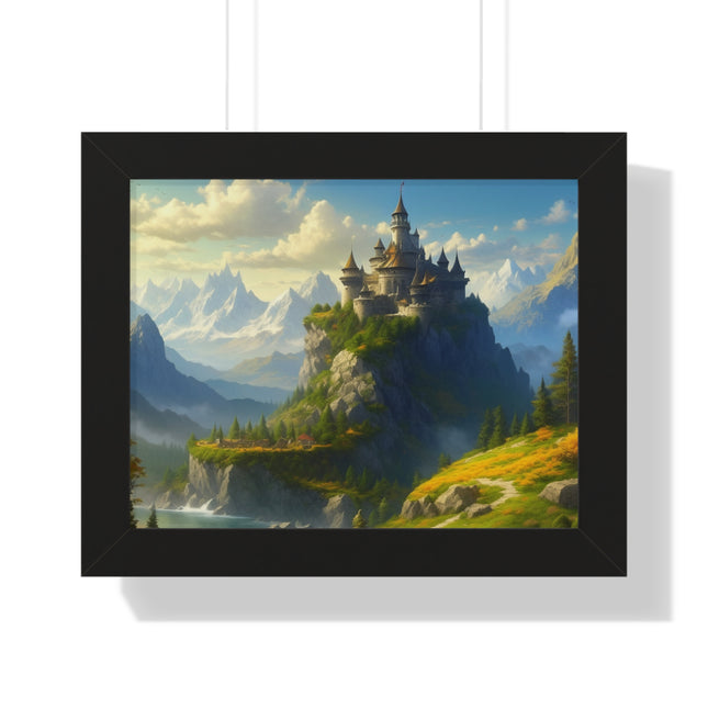 Video Game Fantasy Castle, RPG Valley Framed Poster, Mountain Nature Scene Picture, Open World Style Wall Hanging, Gamer Office Scenery
