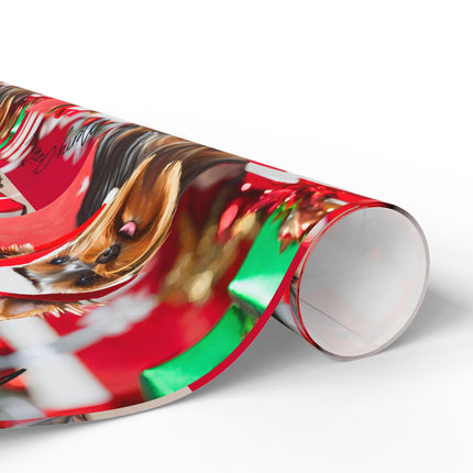 Dog Christmas Wrapping Paper Yorkshire Terrier, Santa Hat Yorkie Gift Wrap, Holiday Gift Wrap Roll