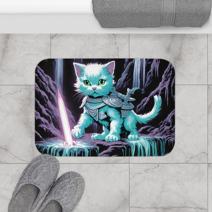 Cat Warrior Bath Mat, Kitten Bathroom Rug, Mystical Cave Waterfall Rug, Mystical Neon Sword Bath Print