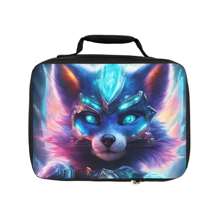 Neon Crystal Violet Cybernetic Fox Lunch Bag Box, Glowing Crystal Plated Armor School Tote, Armored Cosmic Fiery Spark Fur Insulated Bag