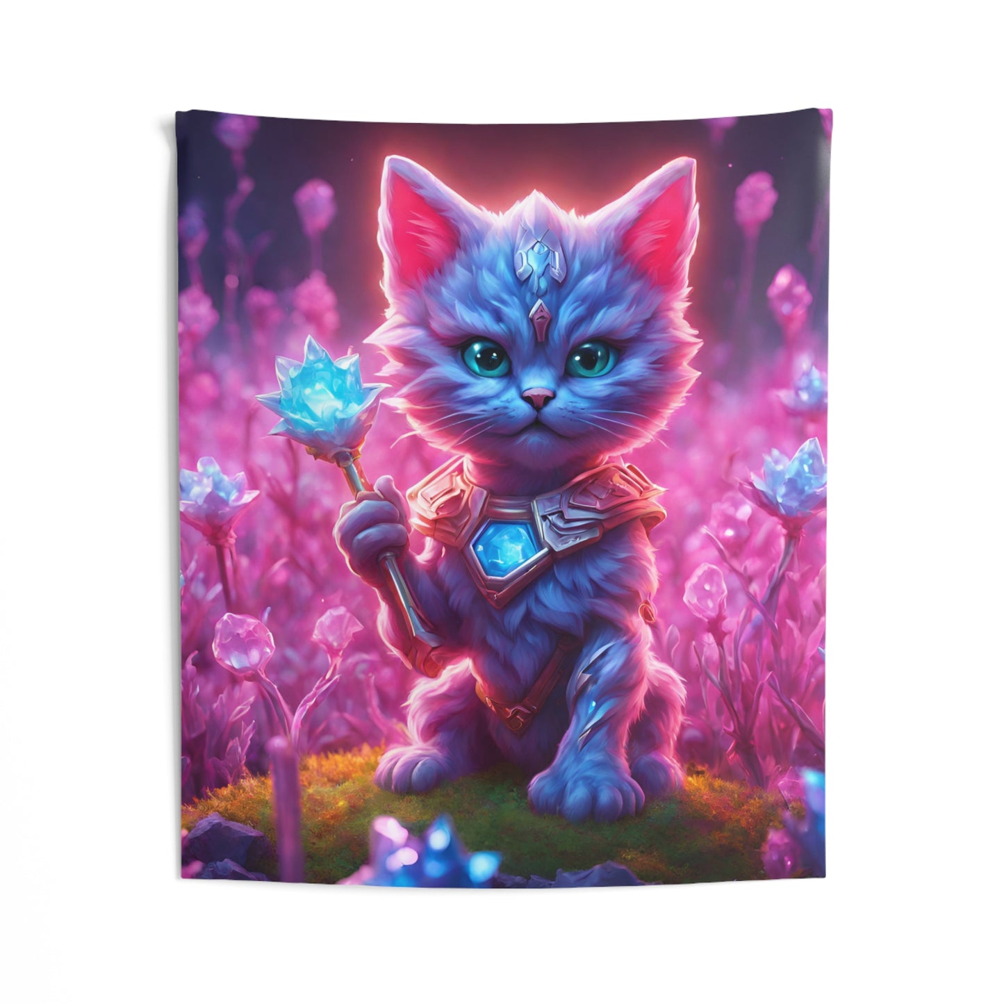 Warrior Cat Crystal Grove Tapestry, Thunder Bolt Armored Kitten Mystical Weapon Wall Hanging, Pink Blue Infused Blossom Field Tapestry