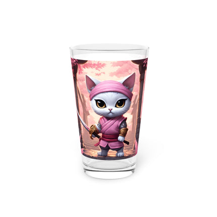 Samurai Warrior Cat Drinking Glass, Sword Blade Kitten Drink Cup, Pink Japanese Maple Tree Pint Glass, 16 oz. Dinnerware