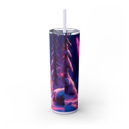COSMIC NEON WARRIOR CAT Skinny Tumbler - Pink Glowing Sword Snow Kitten Cup