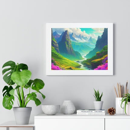 Fantasy Art Flower Mountain Valley, Landscape Framed Poster, Video Game Open World Scene Picture, River Spring Wall Hanging, Office Scenery